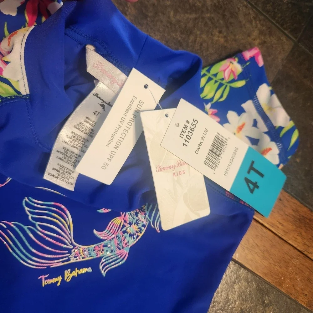 Tommy Bahama Girls Swim 4T 2-Piece Short Sleeve Top Rash Guard upf 50 NWT